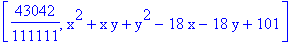 [43042/111111, x^2+x*y+y^2-18*x-18*y+101]